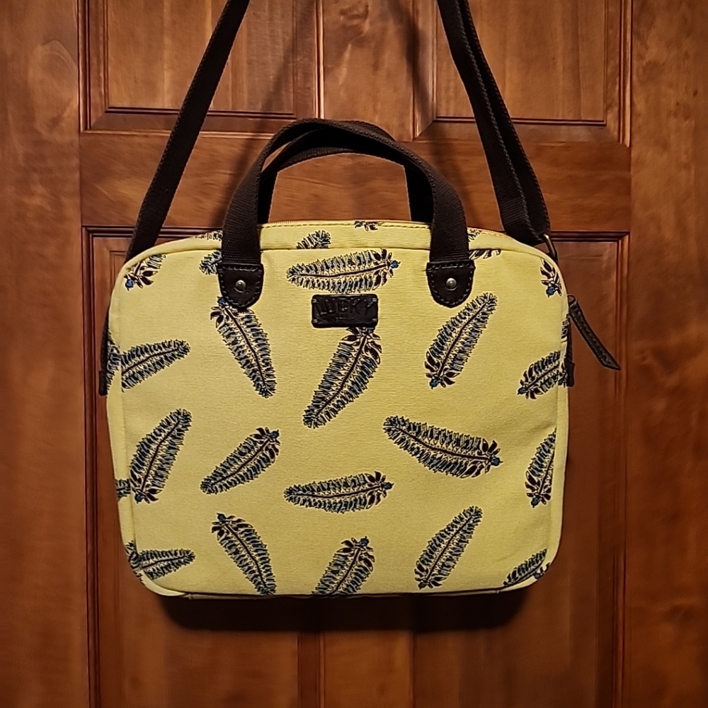 Lucky Brand padded Laptop Canvas Bag carry/crossbody blue feather pattern rare!